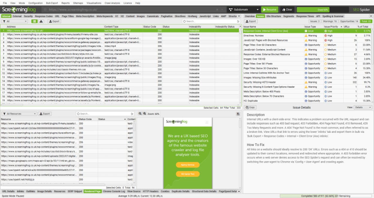 [Screenshot of Screaming Frog crawler showing crawl results and technical issues]