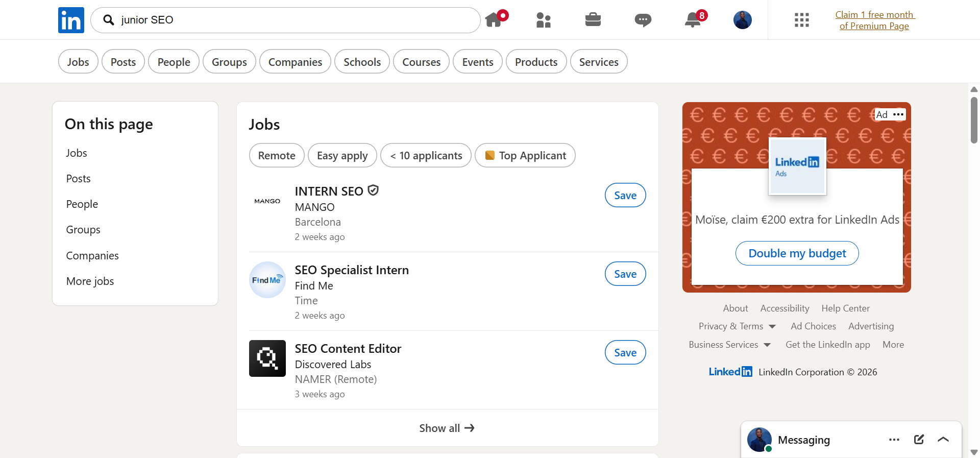 [Screenshot of LinkedIn search results for &ldquo;junior SEO&rdquo; jobs]