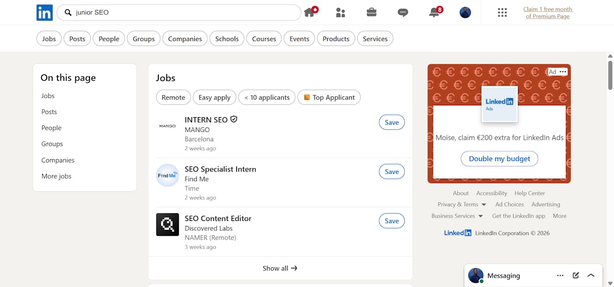 [Screenshot of LinkedIn search results for &ldquo;junior SEO&rdquo; jobs]