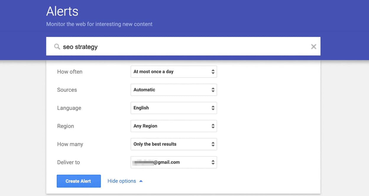 [Screenshot: Google Alerts setup page showing a brand name entered with email notification settings configured]