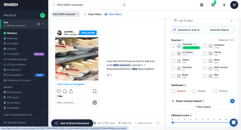 [Screenshot: Brand monitoring tool showing the publication date filter being used to narrow mentions to a specific quarter]