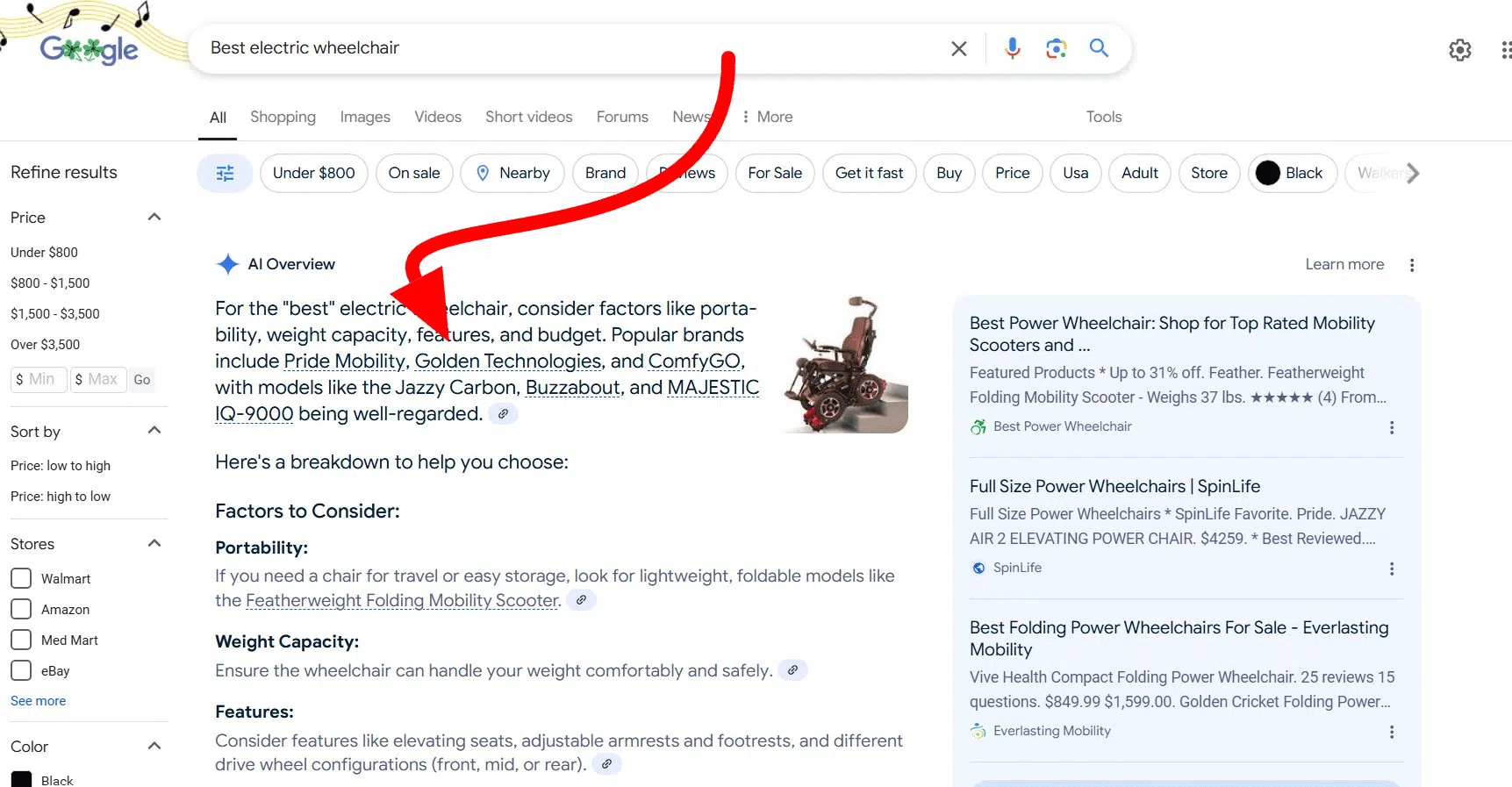 [Screenshot: A Google AI Overview appearing above organic results for a search query, showing a synthesized answer with small citation links]
