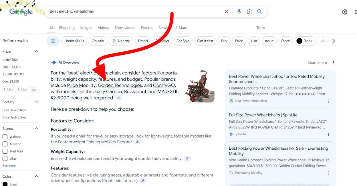 [Screenshot: A Google AI Overview appearing above organic results for a search query, showing a synthesized answer with small citation links]