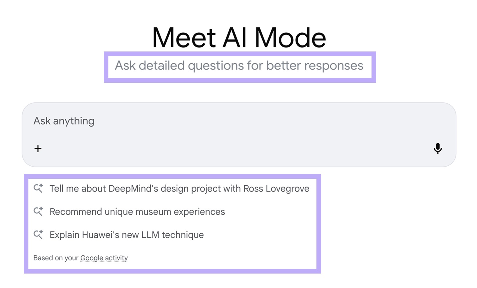 [Screenshot: Google&rsquo;s AI Mode interface showing a conversational answer to a search query, with minimal links to external websites]