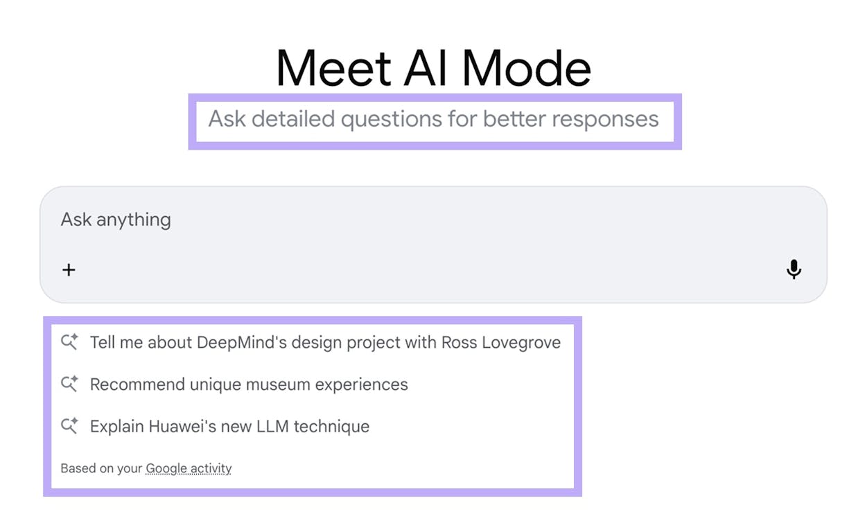 [Screenshot: Google&rsquo;s AI Mode interface showing a conversational answer to a search query, with minimal links to external websites]