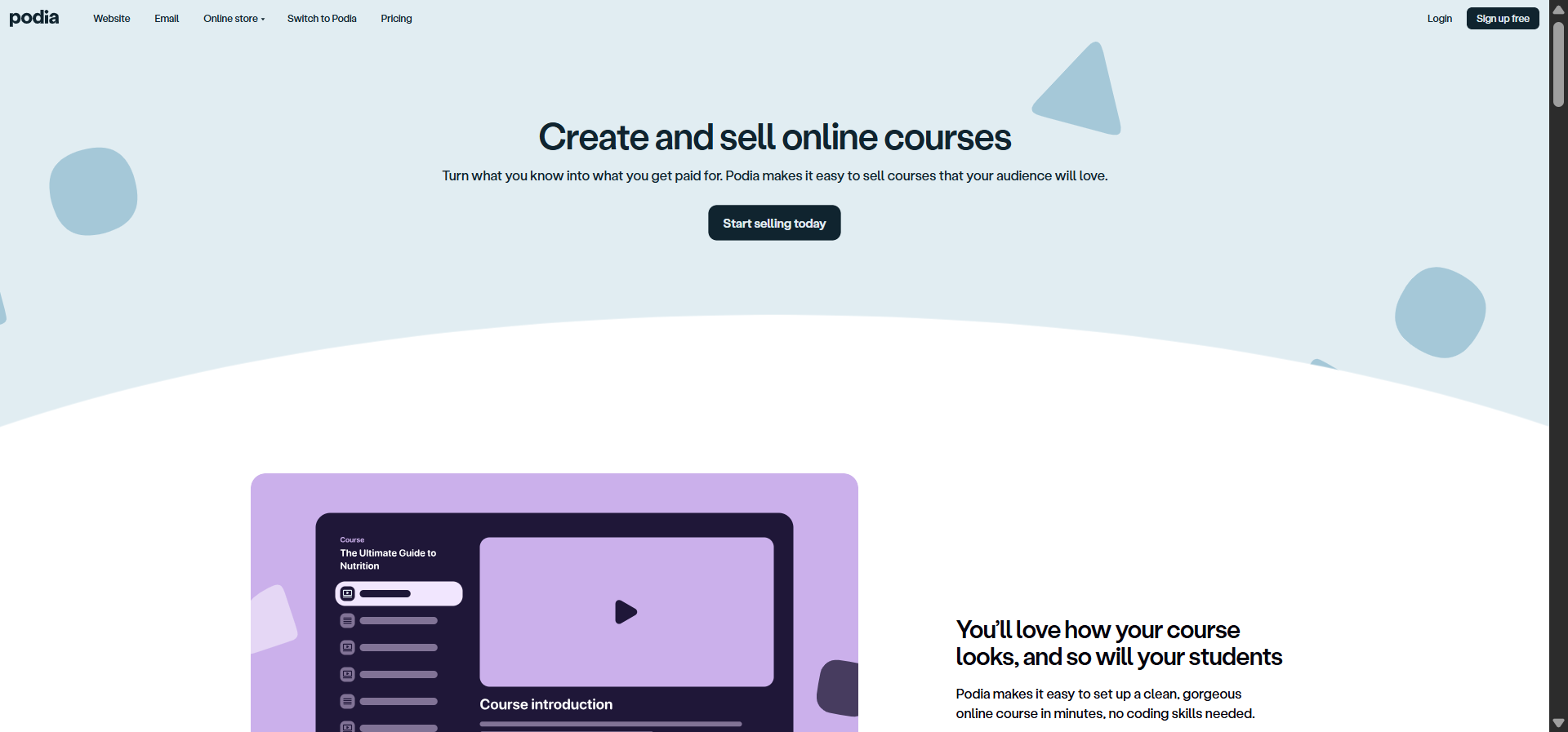 [Screenshot: Podia&rsquo;s online course guide landing page, showing the title and main page layout]