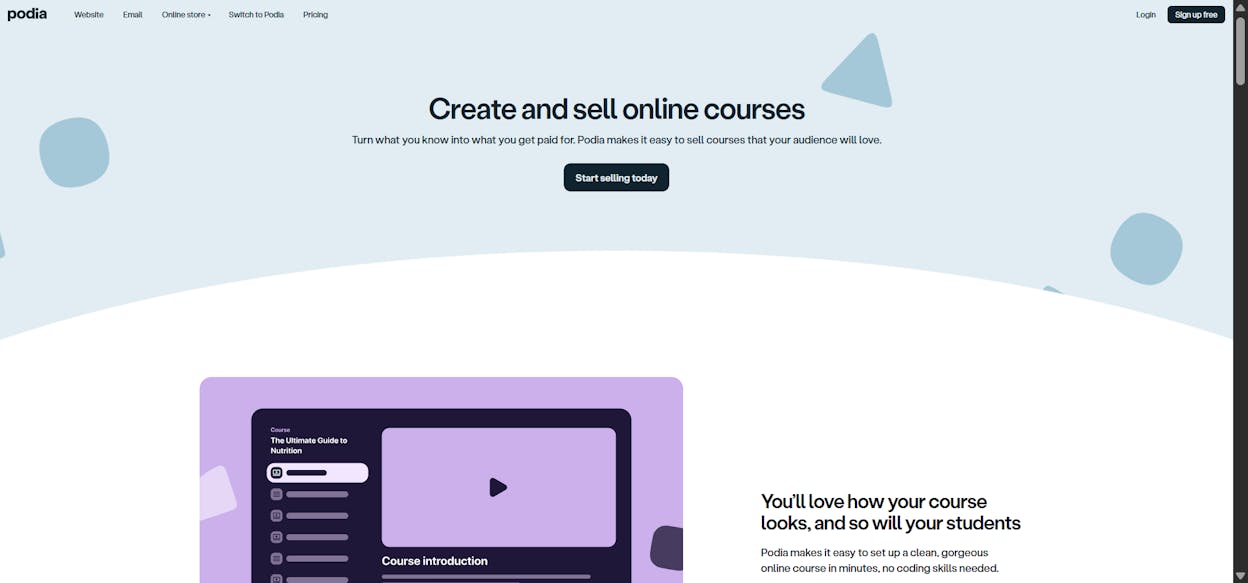 [Screenshot: Podia&rsquo;s online course guide landing page, showing the title and main page layout]