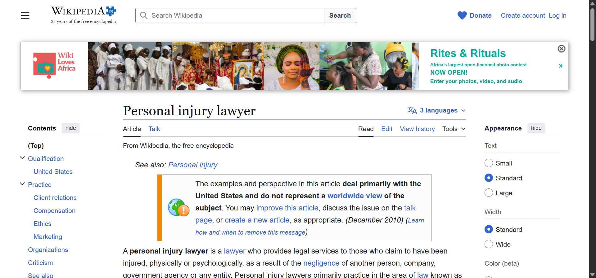 [Screenshot: A Wikipedia article page for a topic like &ldquo;personal injury lawyer&rdquo; with internal links highlighted, showing how linked terms represent potential subtopics]