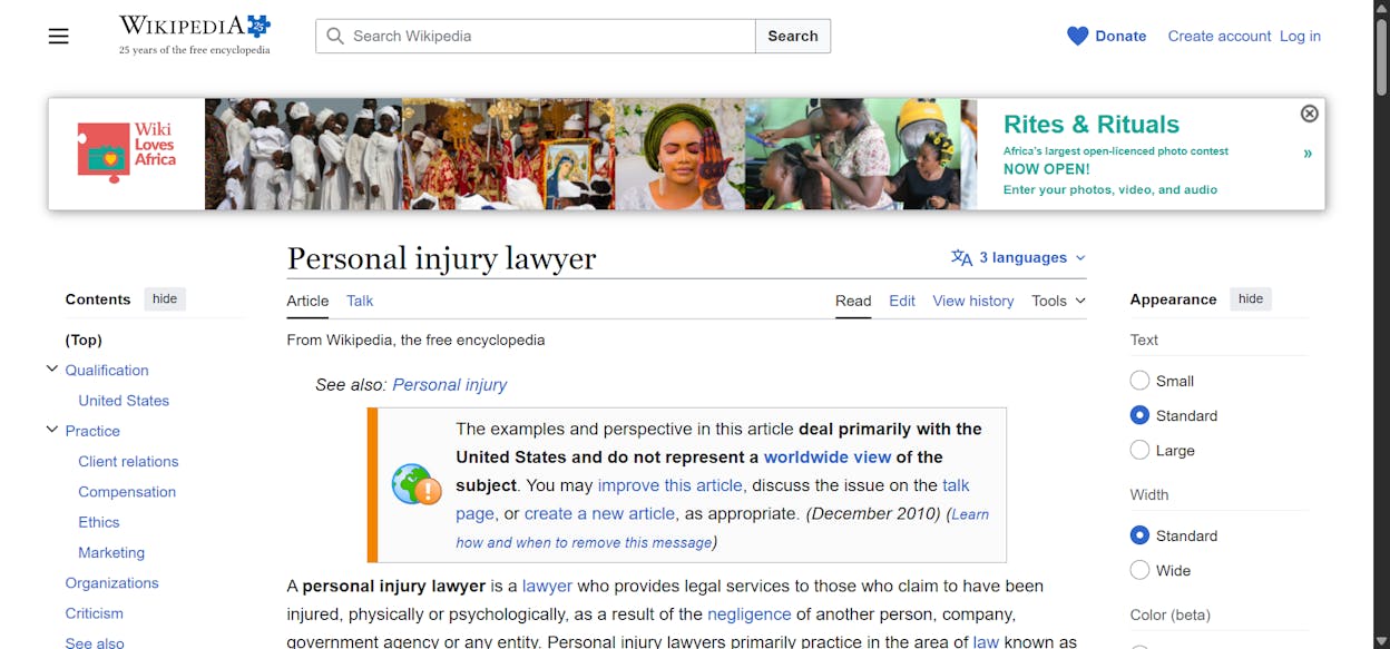 [Screenshot: A Wikipedia article page for a topic like &ldquo;personal injury lawyer&rdquo; with internal links highlighted, showing how linked terms represent potential subtopics]