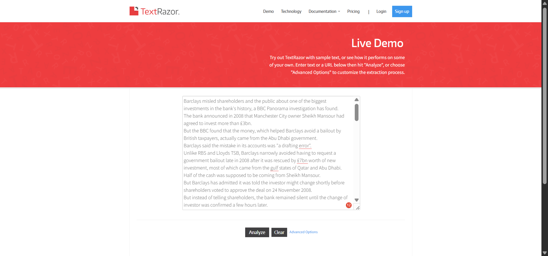 [Screenshot: TextRazor&rsquo;s analysis results showing extracted topics and entities from a Wikipedia page, with relevance scores]