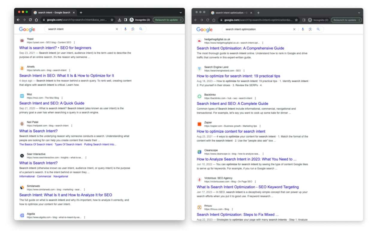 [Screenshot: Side-by-side Google search results for two similar queries showing significant SERP overlap, indicating shared search intent]
