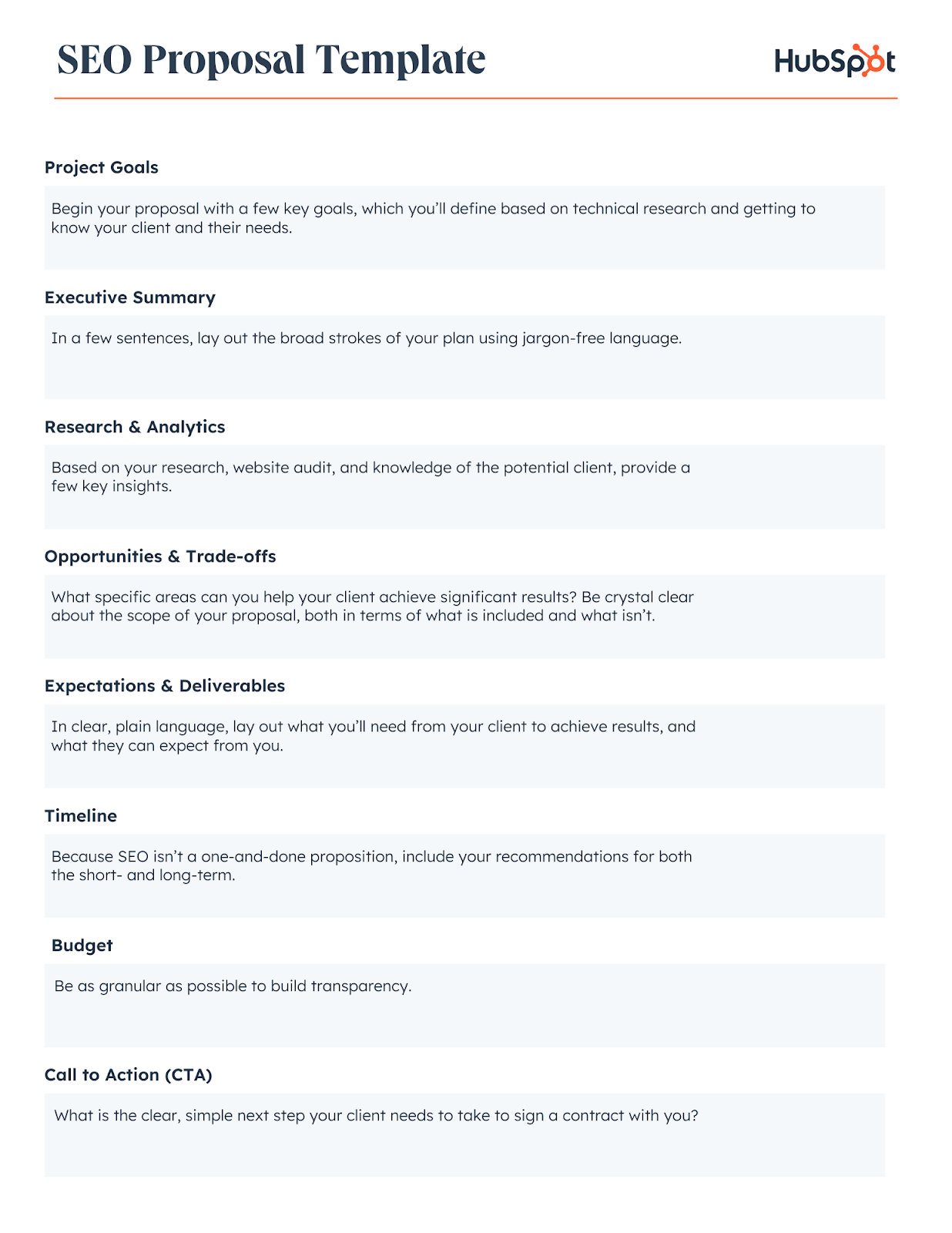 [Screenshot: Example one-page SEO proposal with sections for objective, approach, pricing tiers, and competitor analysis]