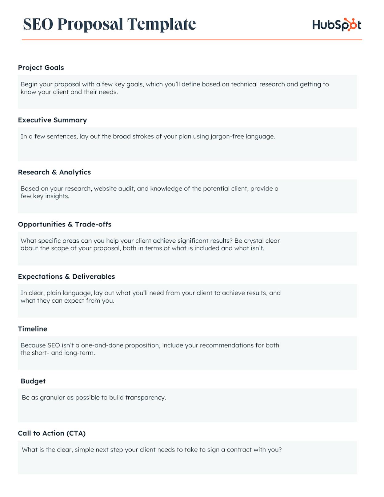 [Screenshot: Example one-page SEO proposal with sections for objective, approach, pricing tiers, and competitor analysis]
