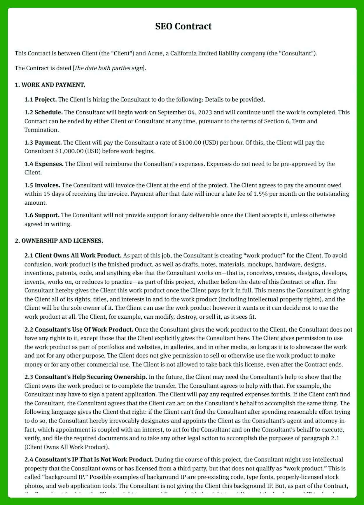 [Screenshot: First page of a sample SEO contract showing scope of work, responsibilities, and payment terms sections]