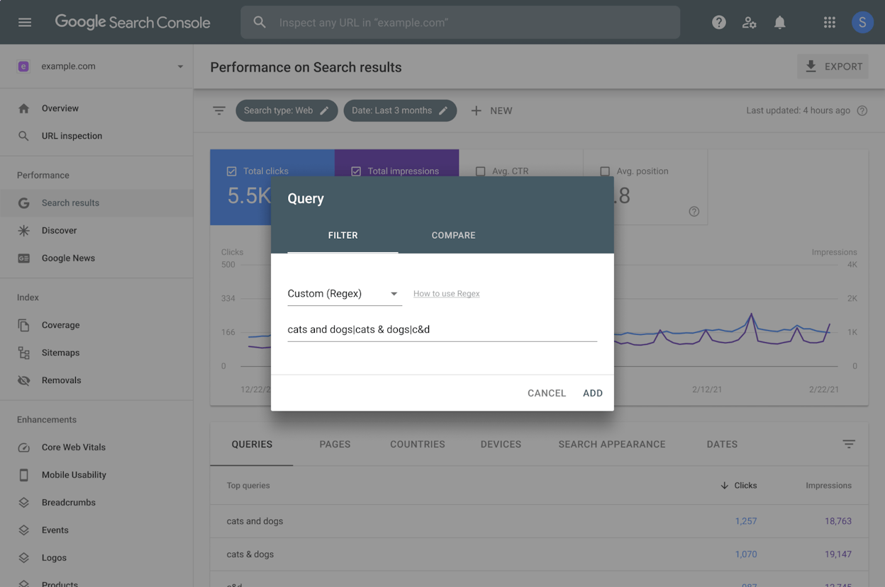 [Screenshot: Google Search Console Performance report filtered by queries]