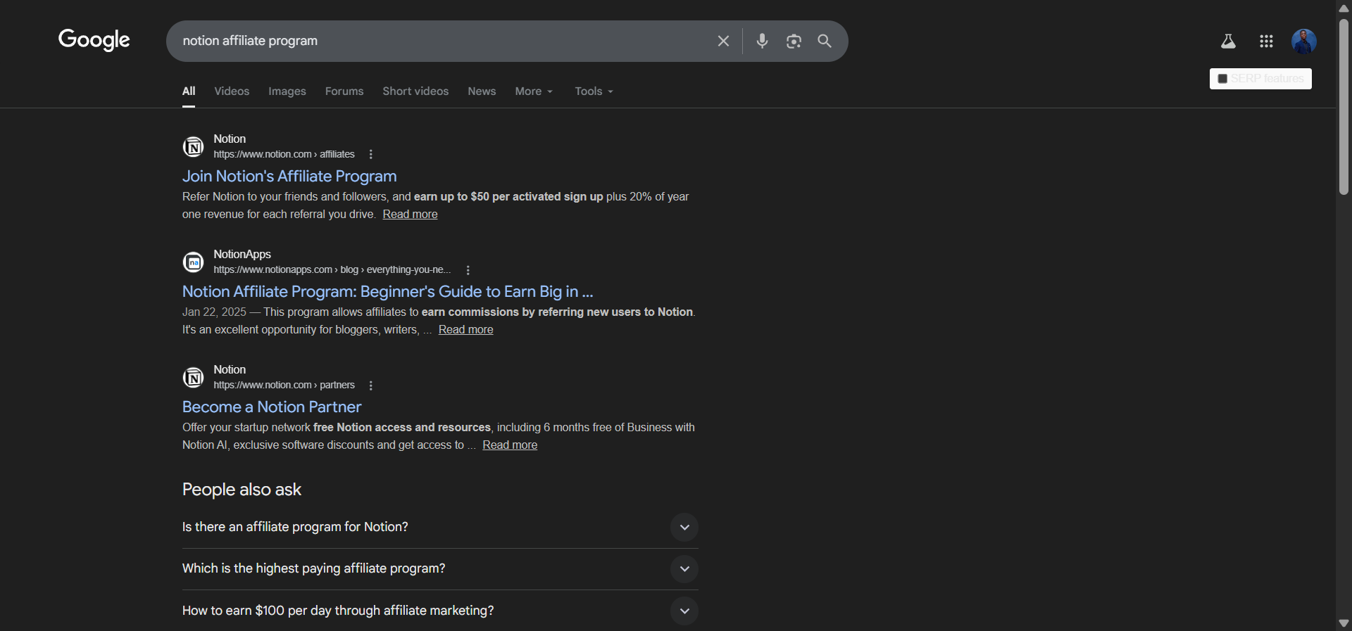 [Screenshot of Google search results for &ldquo;Notion affiliate program&rdquo; showing the company&rsquo;s affiliate page]