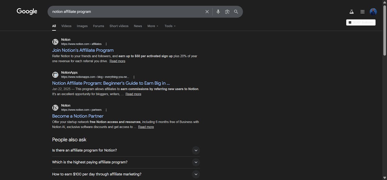 [Screenshot of Google search results for &ldquo;Notion affiliate program&rdquo; showing the company&rsquo;s affiliate page]