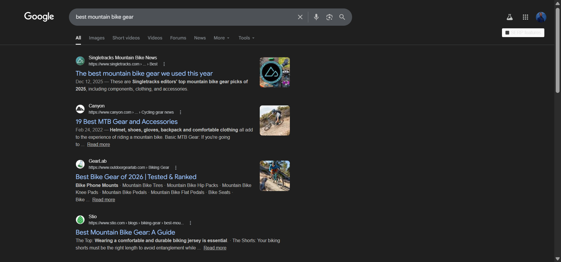 [Screenshot of Google search results for &ldquo;best mountain bike gear&rdquo; showing the top-ranking sites]