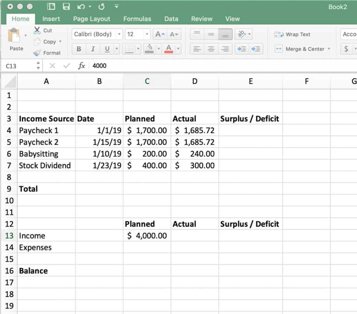 [Screenshot: Example financial spreadsheet with revenue rows broken down by source, columns for each month, totaling monthly revenue]