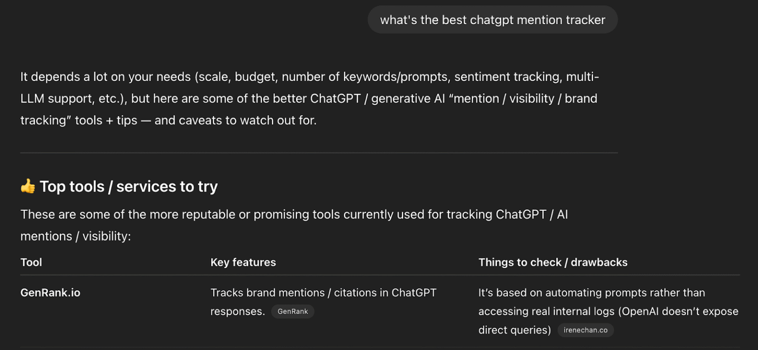 [Screenshot: ChatGPT conversation showing brand mentions in a product recommendation query for a given industry]