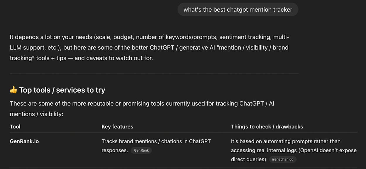 [Screenshot: ChatGPT conversation showing brand mentions in a product recommendation query for a given industry]