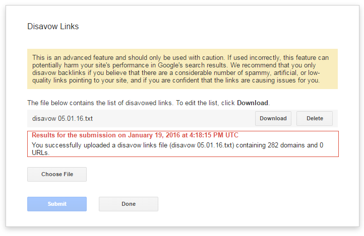 [Screenshot: Google Search Console disavow tool upload interface showing a .txt file being submitted]