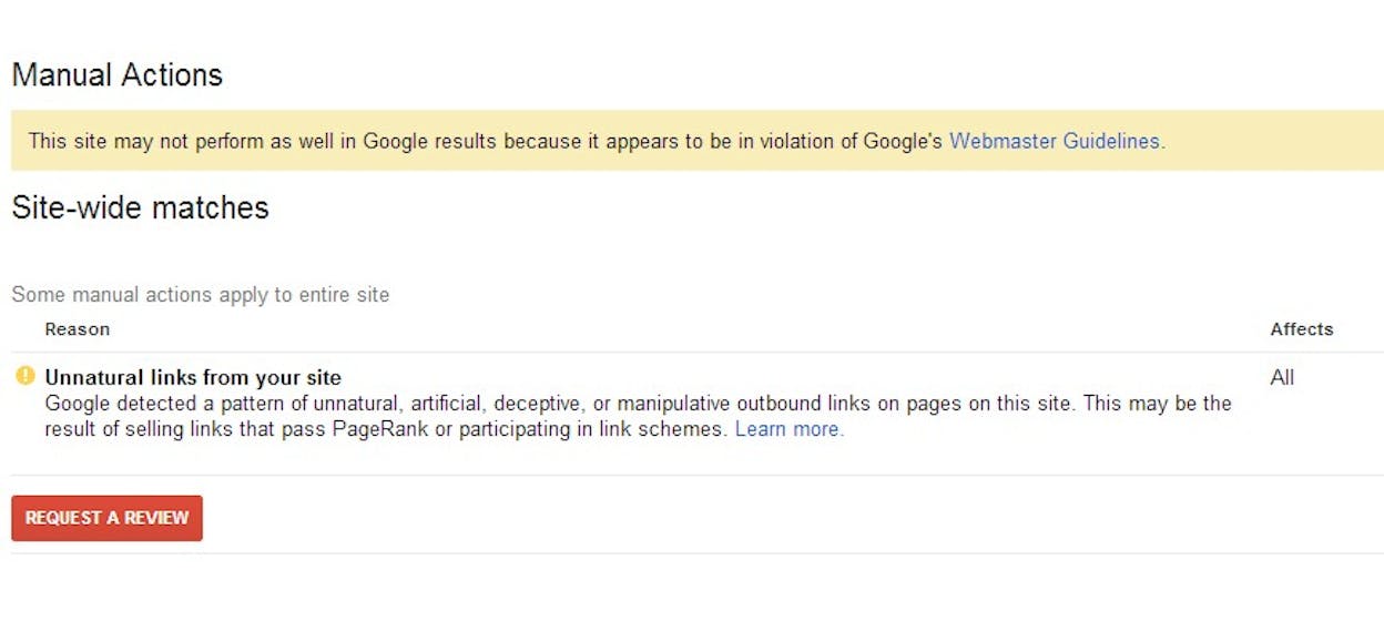 [Screenshot: Google Search Console showing a manual action notification for unnatural links]