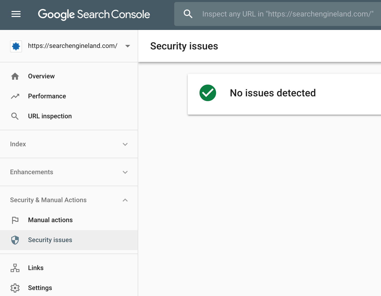 [Screenshot: Google Search Console Security & Manual Actions page showing &ldquo;No issues detected&rdquo;]