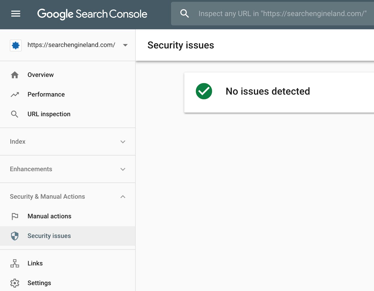 [Screenshot: Google Search Console Security & Manual Actions page showing &ldquo;No issues detected&rdquo;]