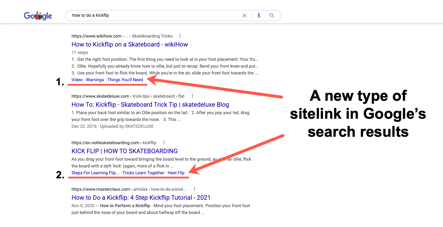 [Screenshot: Google SERP showing Scroll-to Sitelinks for a non-branded informational query]