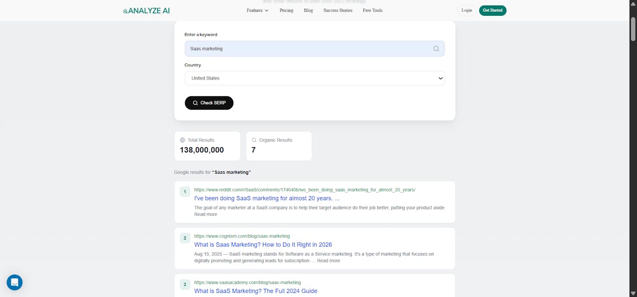 [Screenshot: Analyze AI SERP Checker showing SERP features for a target keyword]