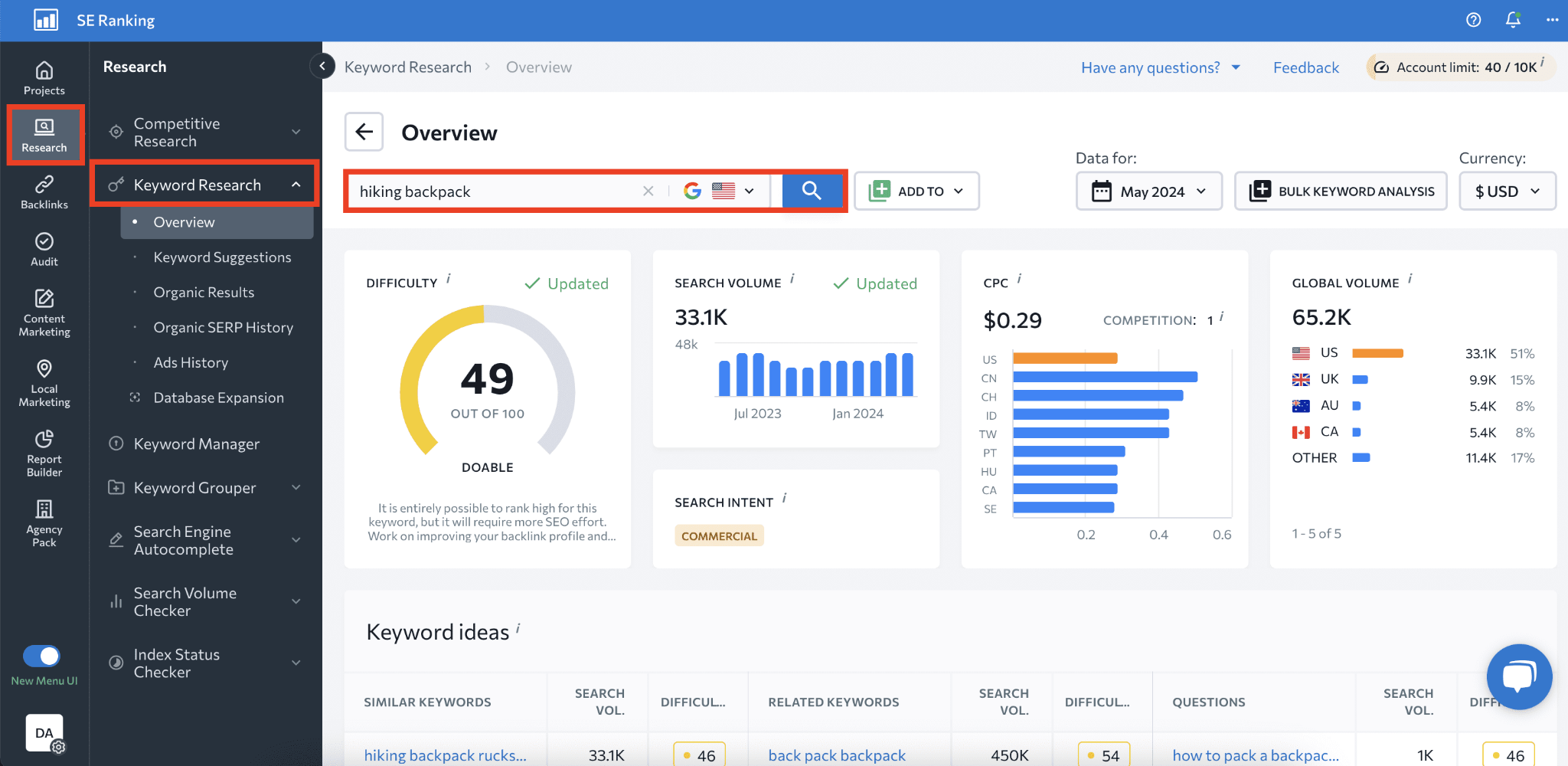 [Screenshot: Keyword tool showing ~264K results for one seed vs ~519K results for a developed seed list]