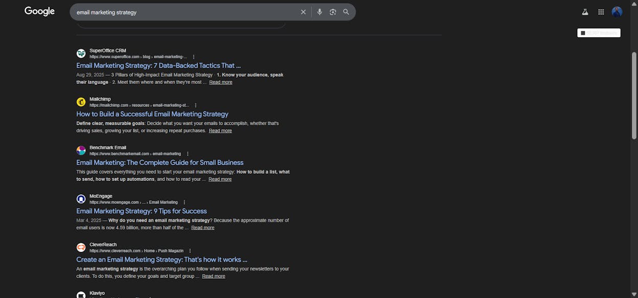 [Screenshot: Google SERP showing title tags with various keyword variations highlighted]