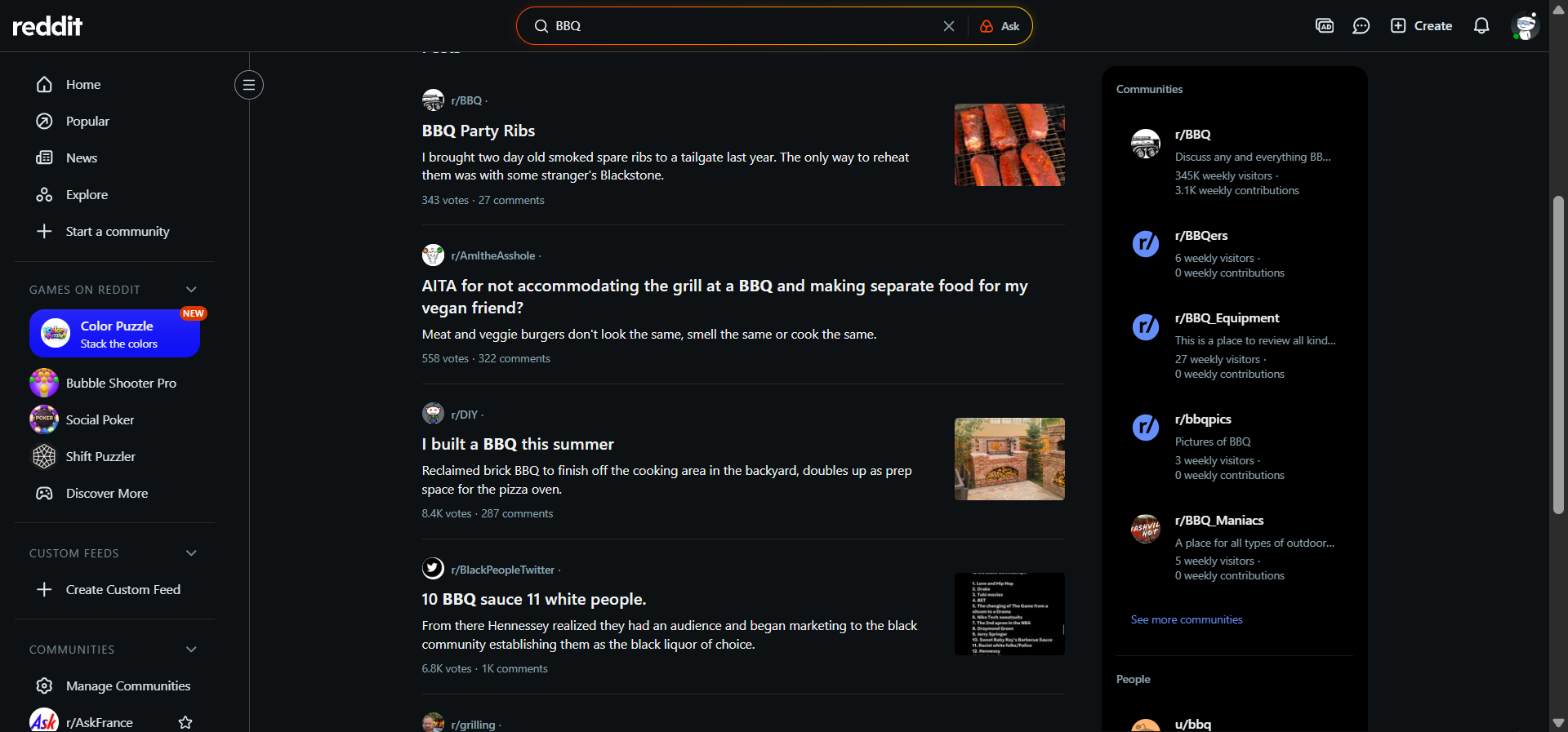 [Screenshot: Reddit search results showing relevant subreddits for a topic like BBQ]