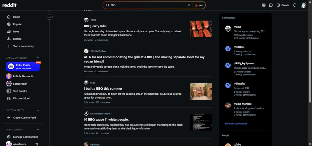 [Screenshot: Reddit search results showing relevant subreddits for a topic like BBQ]