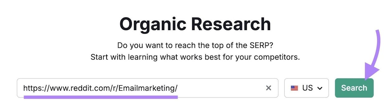 [Screenshot: Keyword tool showing organic keywords for a subreddit URL]