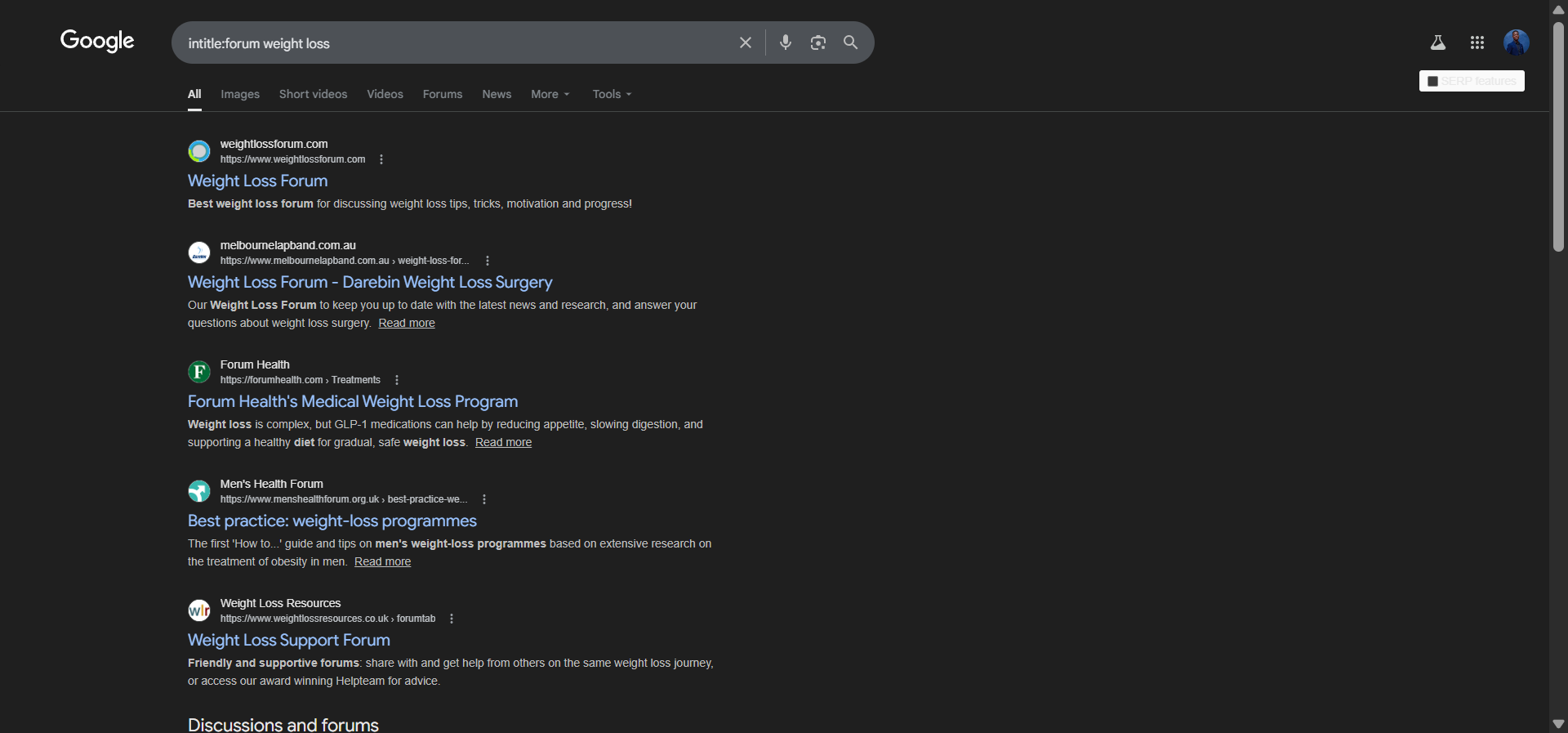 [Screenshot: Google search results for &ldquo;intitle:forum&rdquo; + keyword showing niche forums]