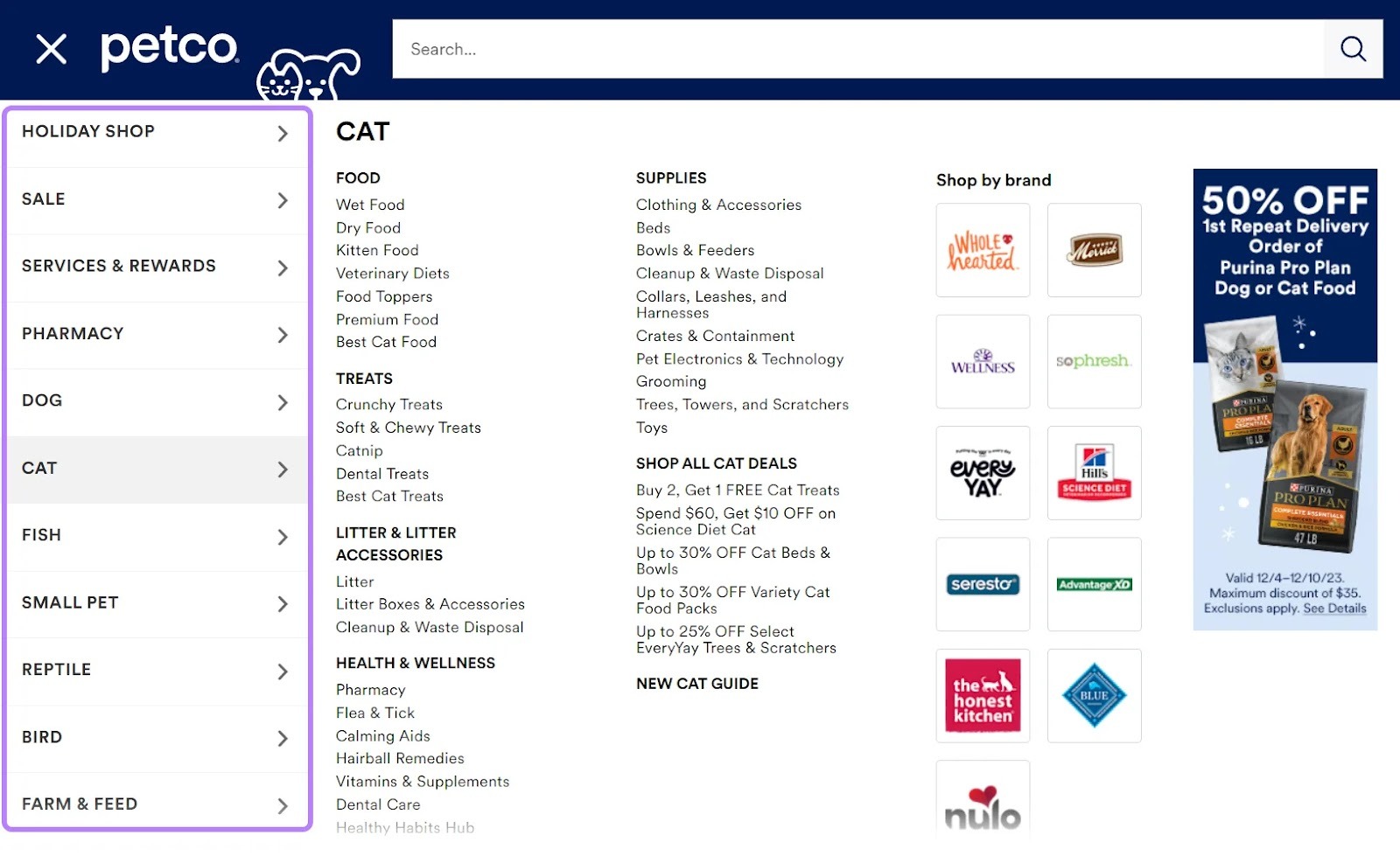 [Screenshot: An e-commerce website&rsquo;s expanded navigation menu showing categories and subcategories]