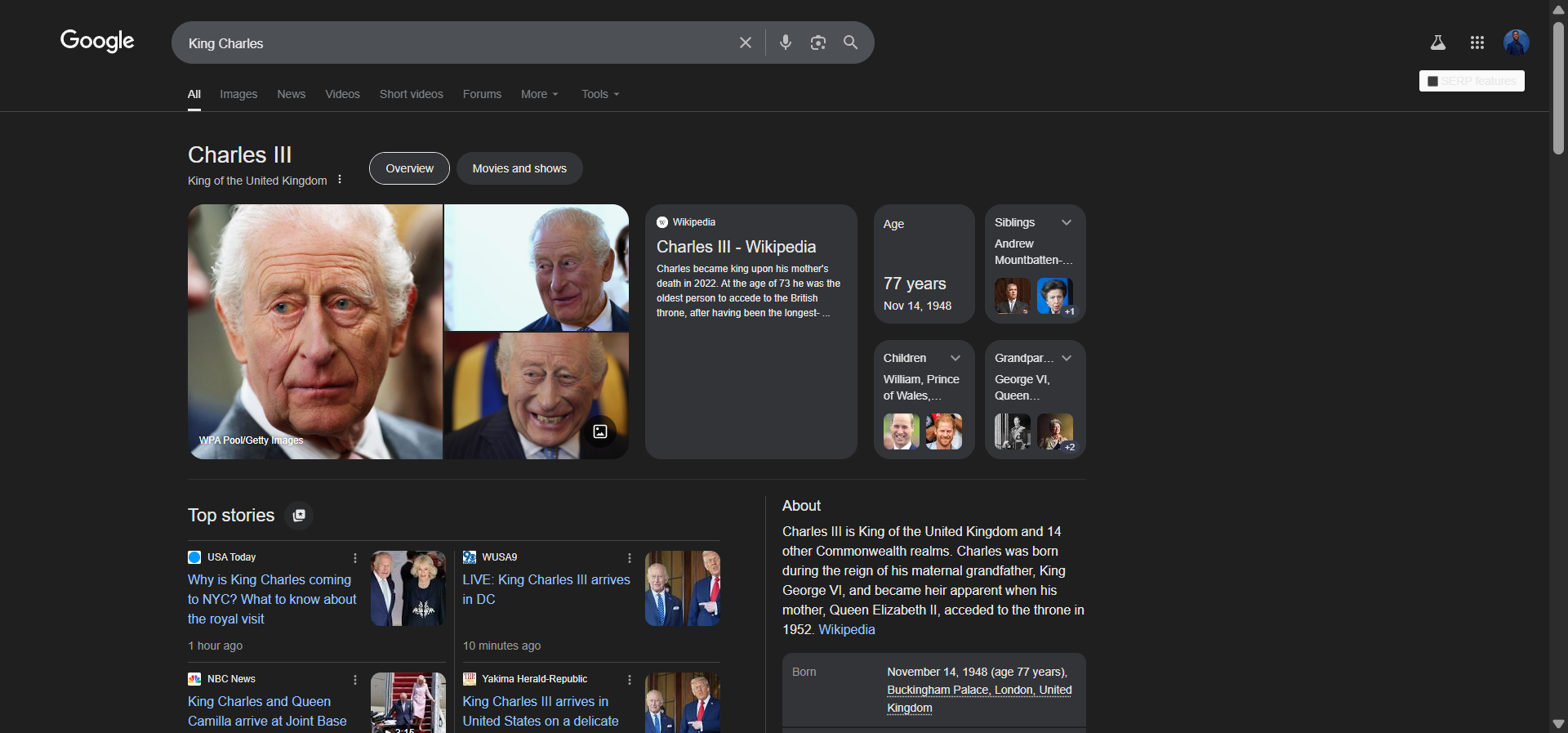 [Screenshot of SERP comparison for &ldquo;King Charles&rdquo; showing dog breed results on one date vs. royal coverage on a later date]