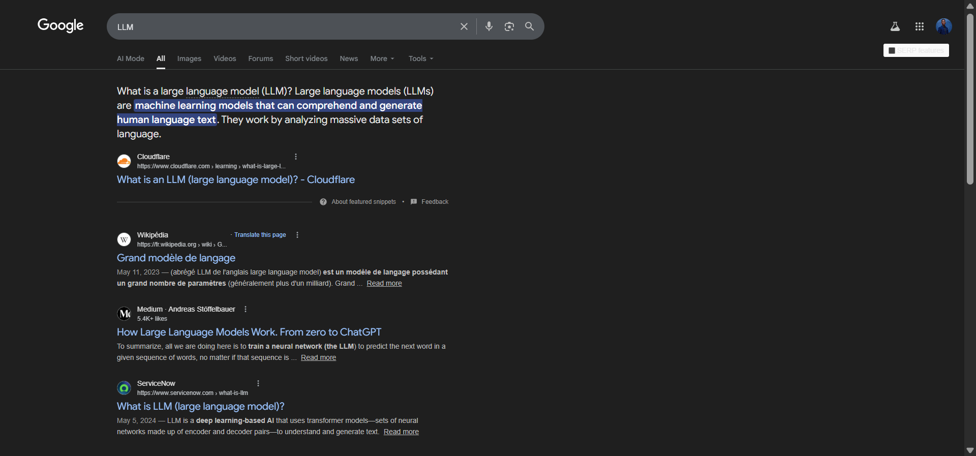 [Screenshot of search results for &ldquo;LLM&rdquo; from August 2022 showing law school results vs. September 2024 showing AI and machine learning results]