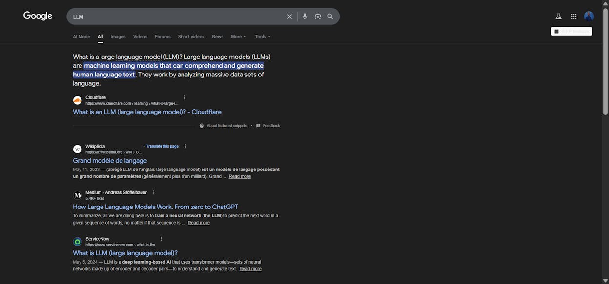 [Screenshot of search results for &ldquo;LLM&rdquo; from August 2022 showing law school results vs. September 2024 showing AI and machine learning results]