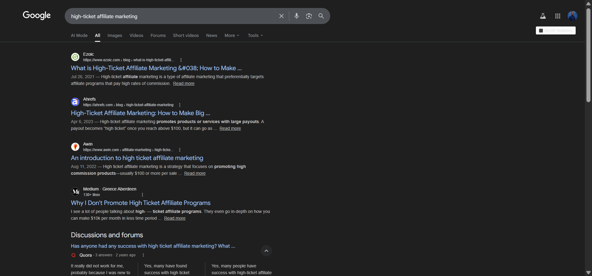 [Screenshot showing SERP for &ldquo;high-ticket affiliate marketing&rdquo; comparing guide-style results from an earlier period vs. program list results from a more recent period]