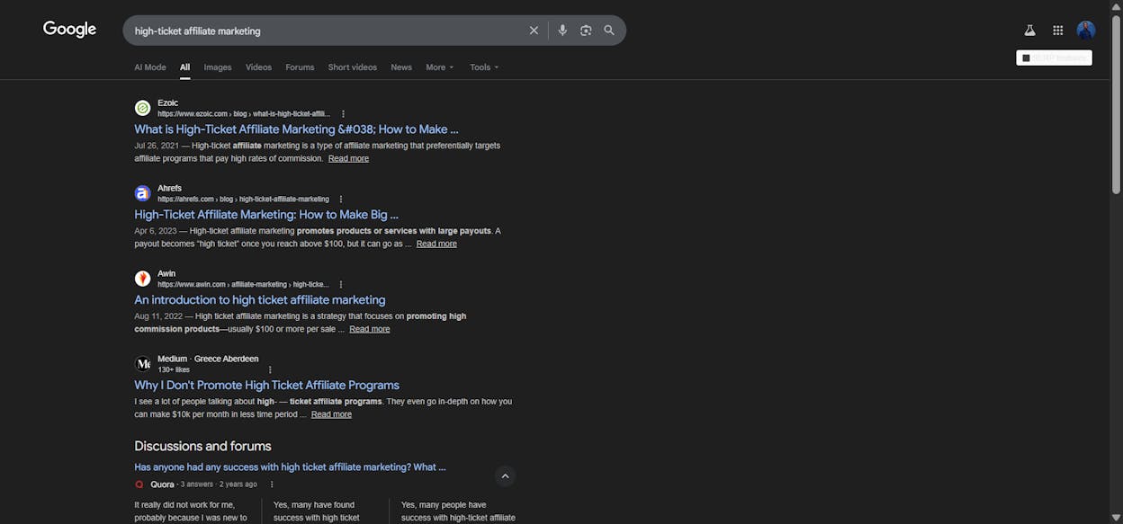 [Screenshot showing SERP for &ldquo;high-ticket affiliate marketing&rdquo; comparing guide-style results from an earlier period vs. program list results from a more recent period]