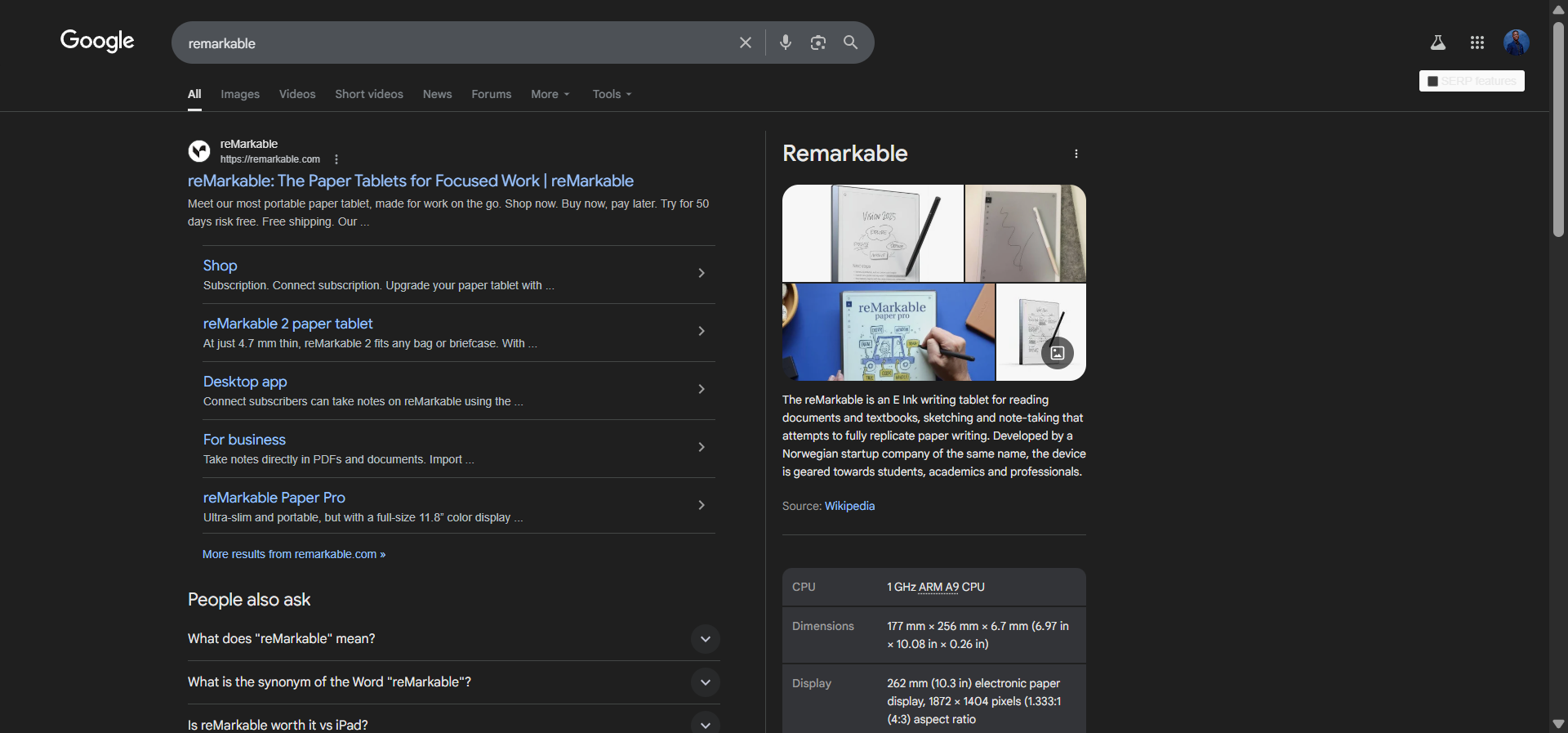 [Screenshot of SERP for &ldquo;remarkable&rdquo; showing dictionary definition results from an earlier date vs. product results from 2024]