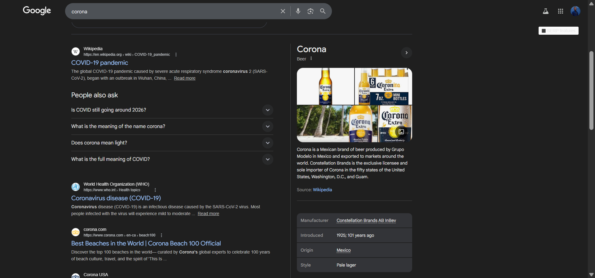 [Screenshot of SERP for &ldquo;corona&rdquo; from early 2020 showing beer results vs. mid-2020 showing virus-related results]