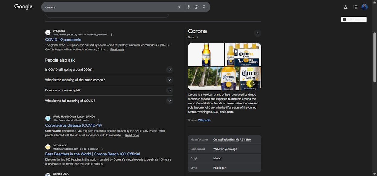 [Screenshot of SERP for &ldquo;corona&rdquo; from early 2020 showing beer results vs. mid-2020 showing virus-related results]