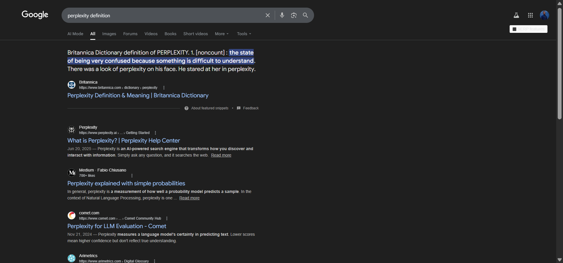 [Screenshot of SERP for &ldquo;perplexity&rdquo; showing definition results from 2022 vs. Perplexity AI results from 2024-2025]