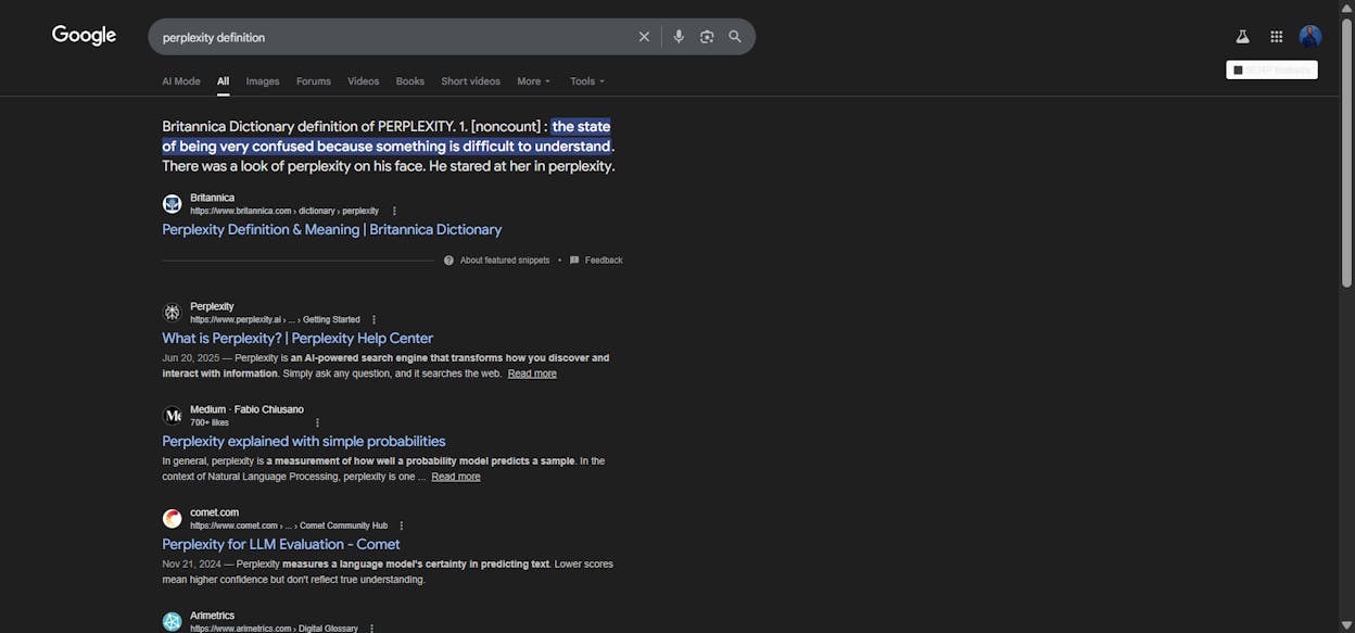 [Screenshot of SERP for &ldquo;perplexity&rdquo; showing definition results from 2022 vs. Perplexity AI results from 2024-2025]
