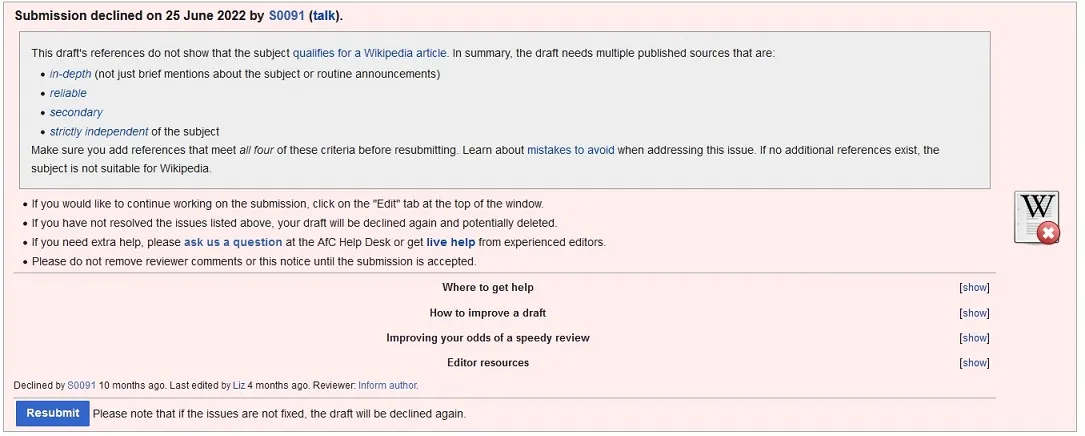 [Screenshot of a Wikipedia submission declined notice, showing rejection for notability concerns]