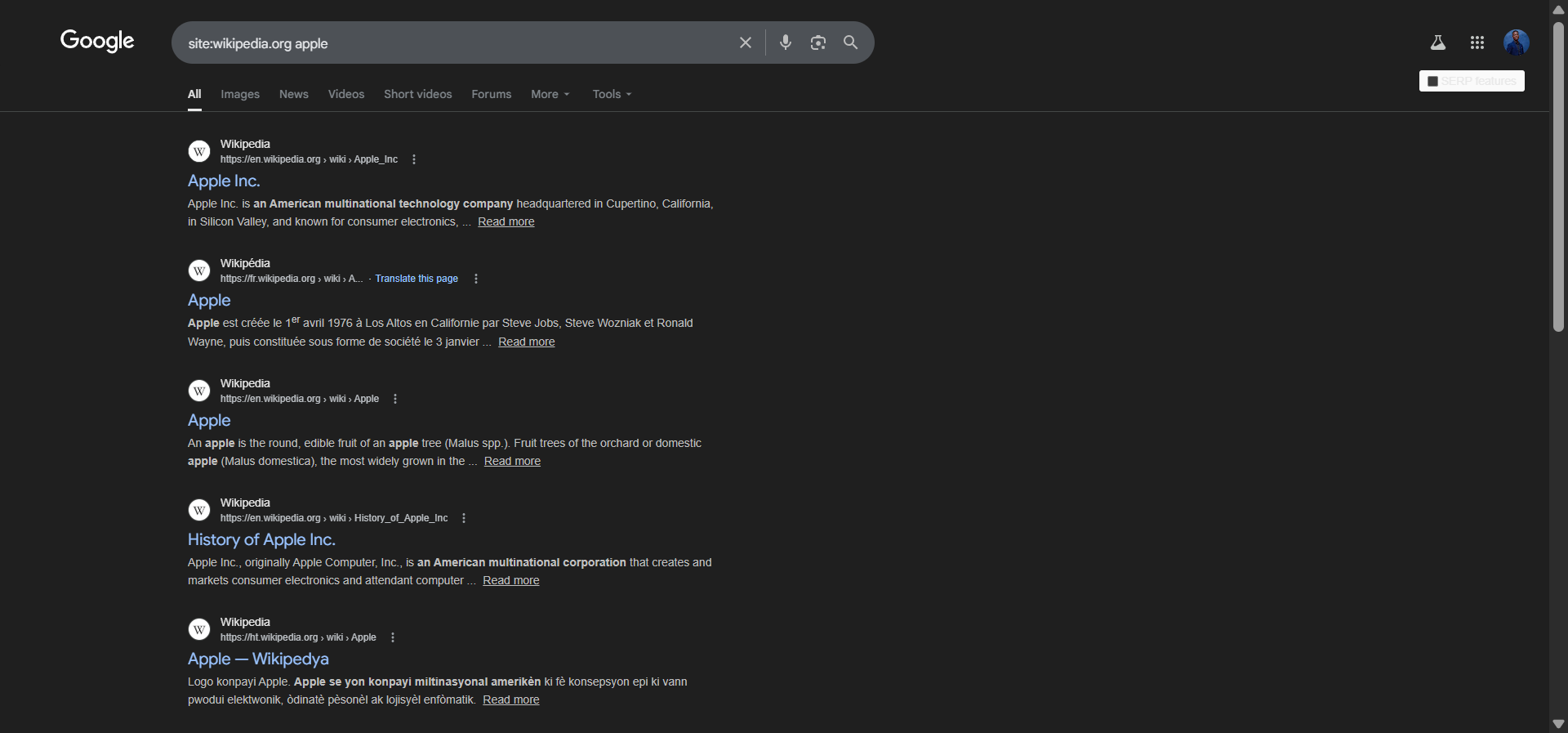 [Screenshot of a Google search using the site:wikipedia.org operator to find brand mentions]